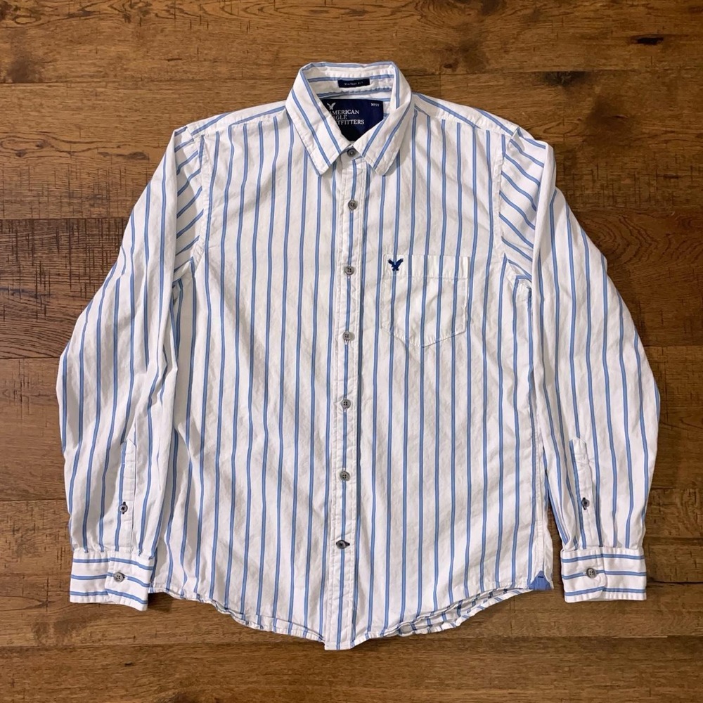 American Eagle Button Up Shirt Mens M Blue White Preppy Academia Striped Top